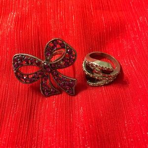 Pink bow adjustable ring and silver ring